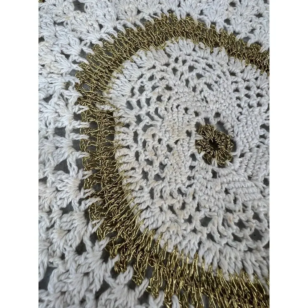 Vintage‎ White & Gold Wire Handmade Round Crochet Dining Table Doily - Lot of 2